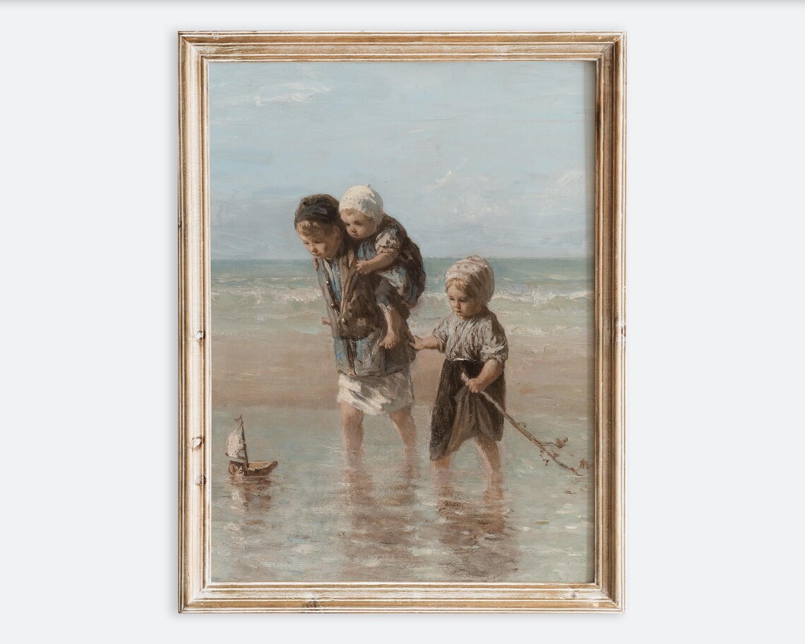 Children Sailing Toy Boat on the Beach Vintage Painting Poster