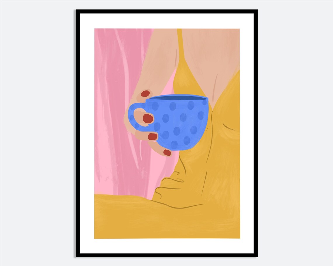 Woman in Yellow Dress Holding Blue Cup Modern Abstract Wall Art