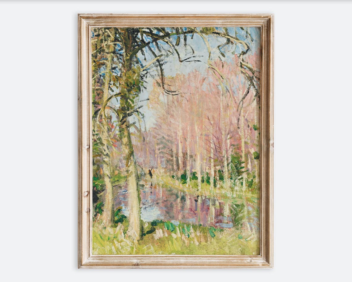 Vintage Impressionist Forest River Pink Trees Spring Landscape Poster