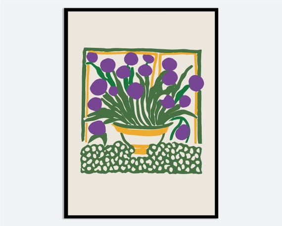 Abstract Bouquet Of Purple Flowers In Vase Illustration Wall Art Print Minimalist Floral Poster Botanical Greenery Boho Fm138