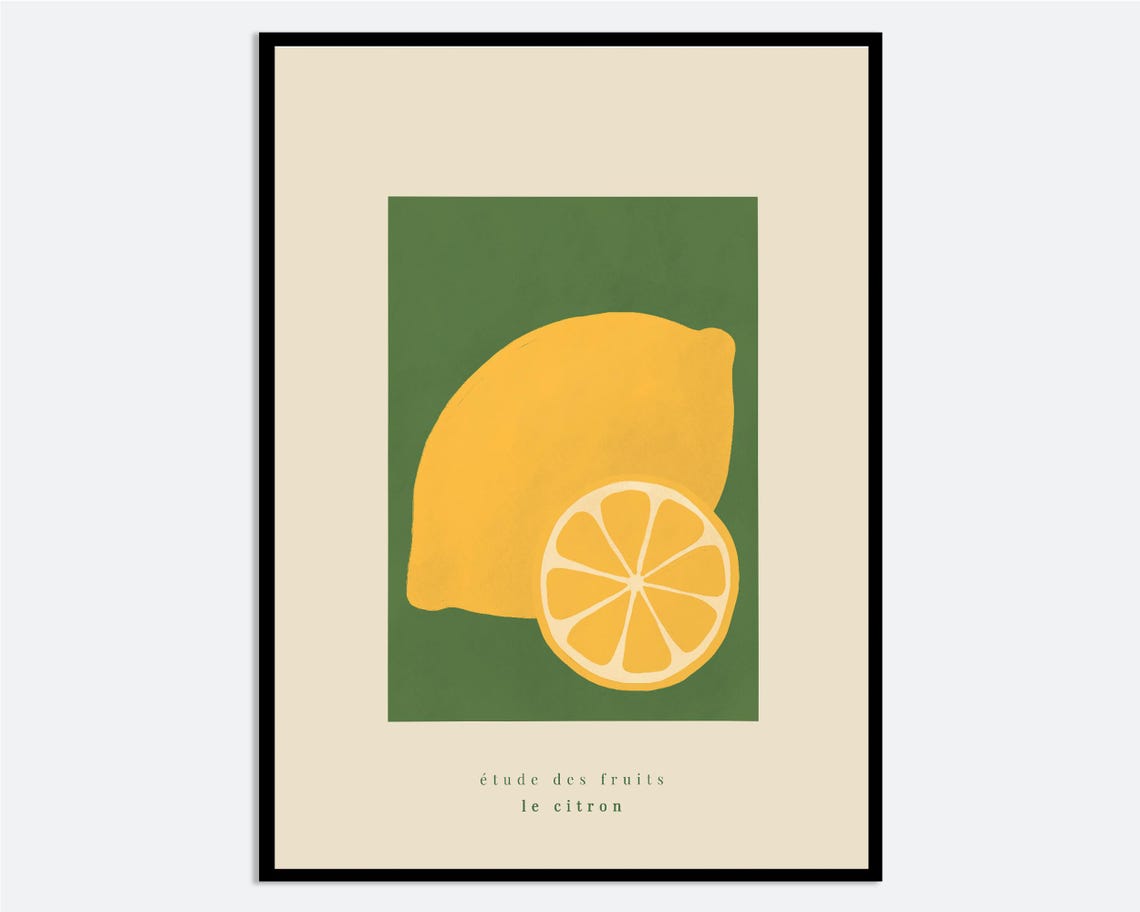 Le Citron Lemon Poster French Fruit Study Green Kitchen Botanical Art