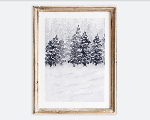 Snowy Pine Forest Gray Watercolor Trees Winter Minimalist Art Poster
