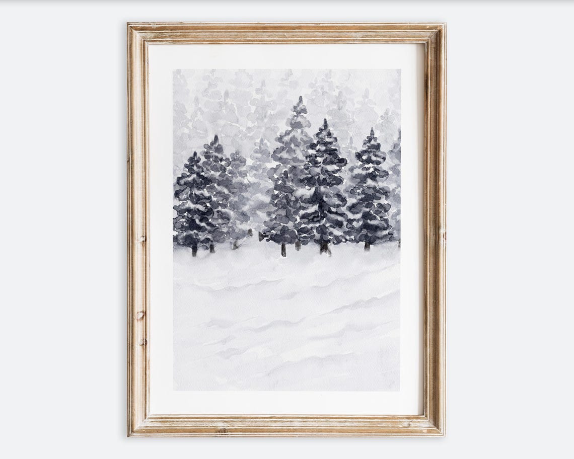 Snowy Pine Forest Gray Watercolor Trees Winter Minimalist Art Poster