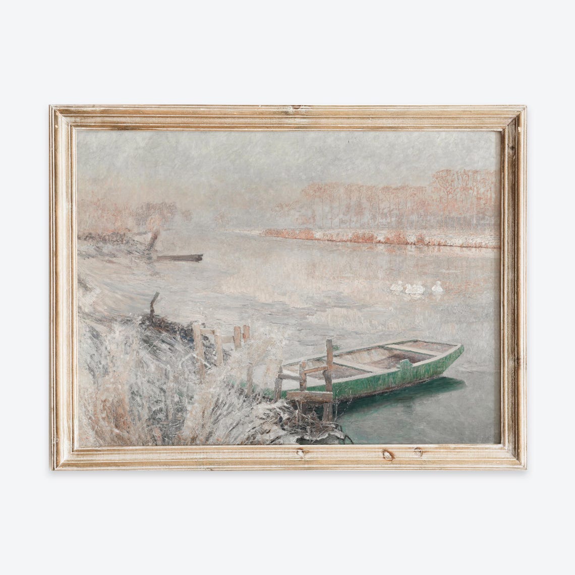 Vintage European Rustic Boat On River Landscape Oil Painting Wall Art Print Winter Snow Lake Poster Antique Moody Farmhouse Decor Vp252