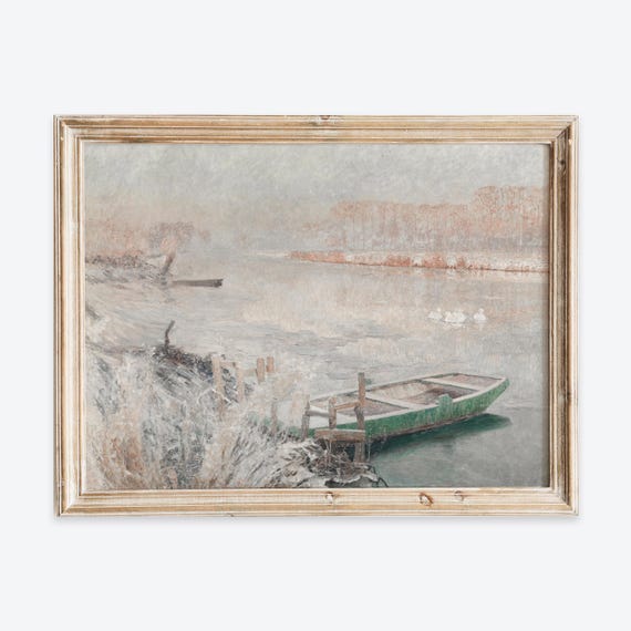 Vintage European Rustic Boat On River Landscape Oil Painting Wall Art Print Winter Snow Lake Poster Antique Moody Farmhouse Decor Vp252