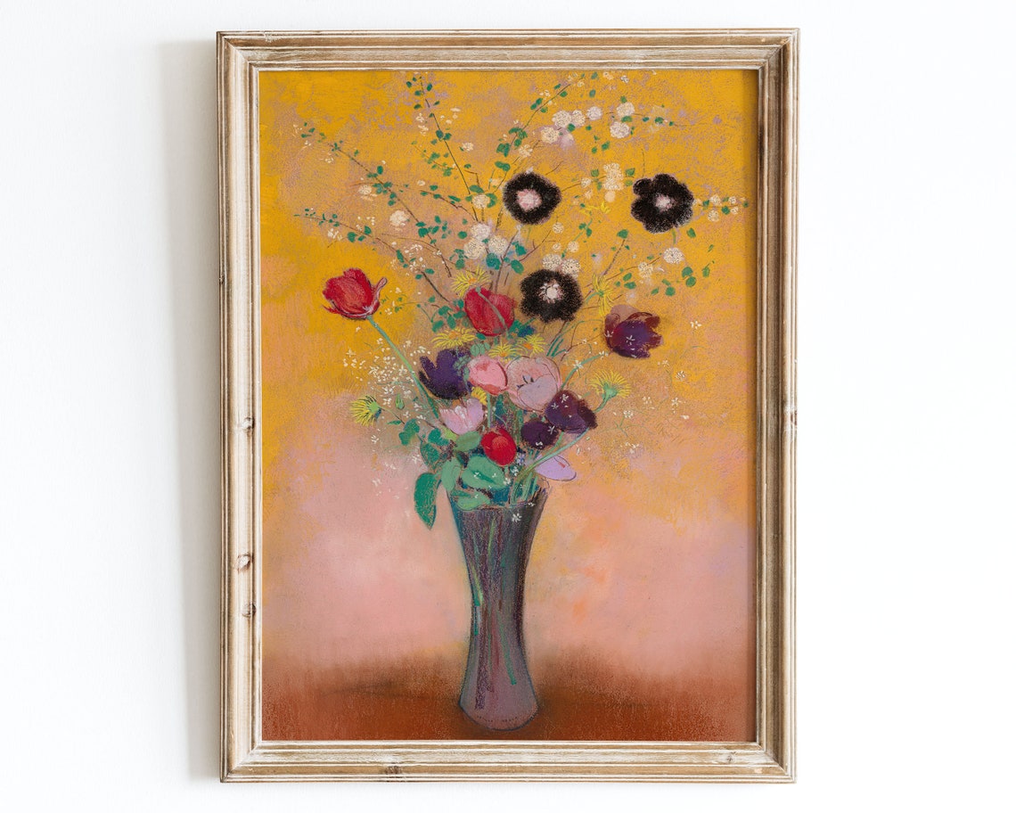 Vintage Wildflower Bouquet Tall Vase Golden Yellow Art Poster