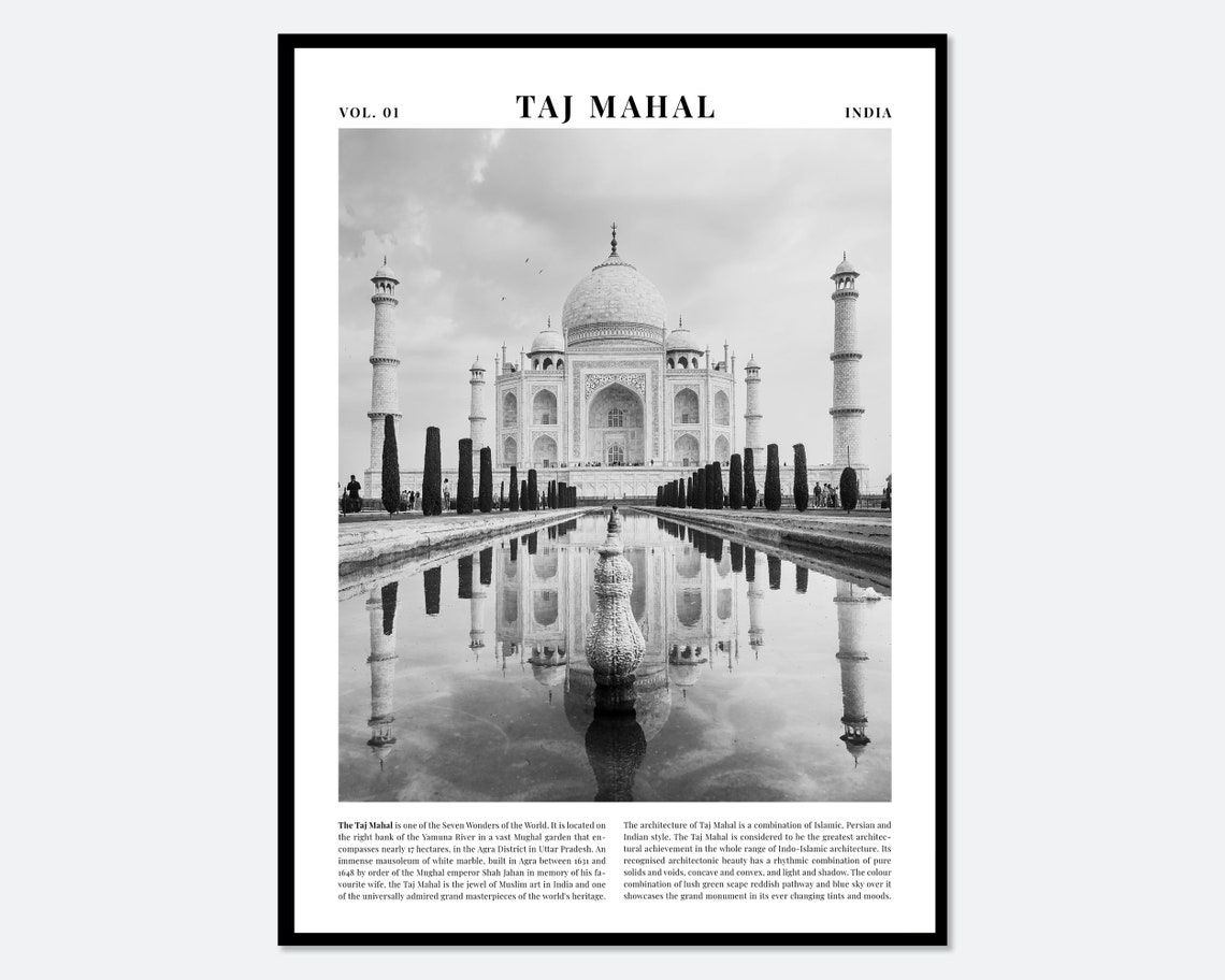 Taj Mahal India Black And White Photography Travel Art Print Landmark City Poster Travel Poster Taj Mahal Poster India Poster Tp02
