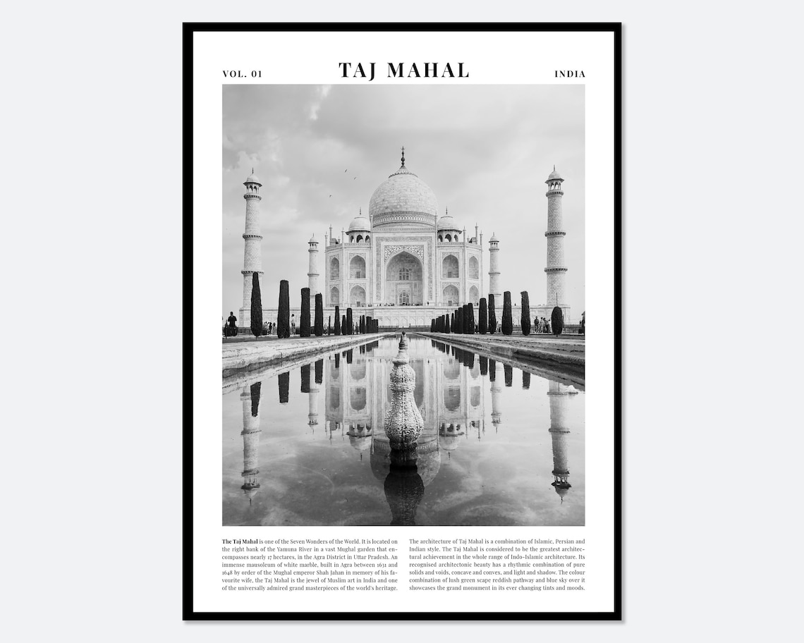 Taj Mahal India Black and White Seven Wonders Travel Photo Poster