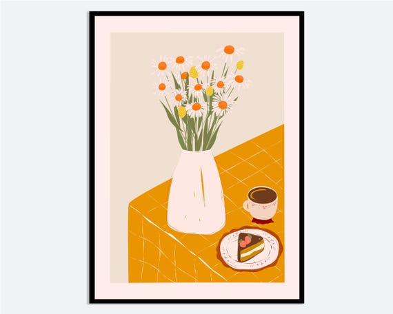 Flower In Vase Dessert Coffee Wall Art Print Hand Drawn Modern Botanical Illustration Contemporary Floral Kitchen Decor Ma205