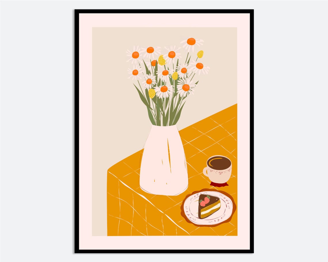 Flower In Vase Dessert Coffee Wall Art Print Hand Drawn Modern Botanical Illustration Contemporary Floral Kitchen Decor Ma205