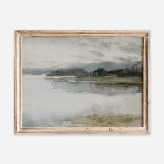 Vintage European Rustic Coastal Seashore Ocean Muted Beach Oil Painting Landscape Seascape Poster Mute Antique Moody Farmhouse Print Vp161