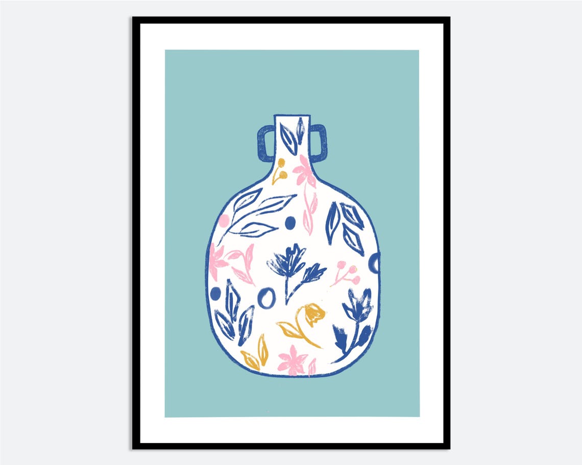 Floral Pattern Vase Illustration Blue Pink Botanical Modern Wall Art