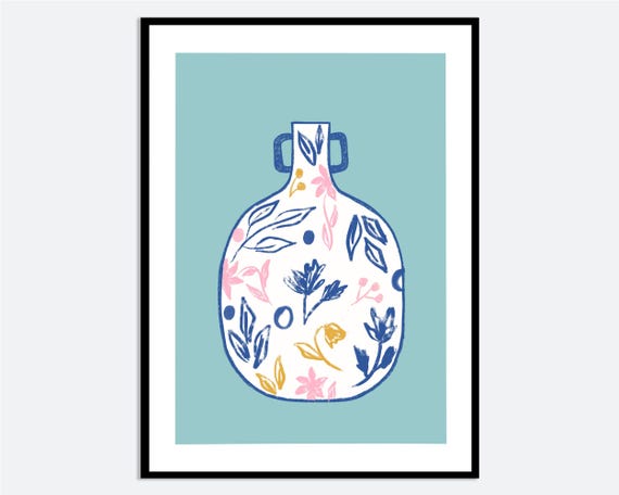 Floral Vase Wall Art Print Contemporary Hand Drawn Illustration Abstract Blue Pink Flowers Botanical Spring Summer Poster Ma47