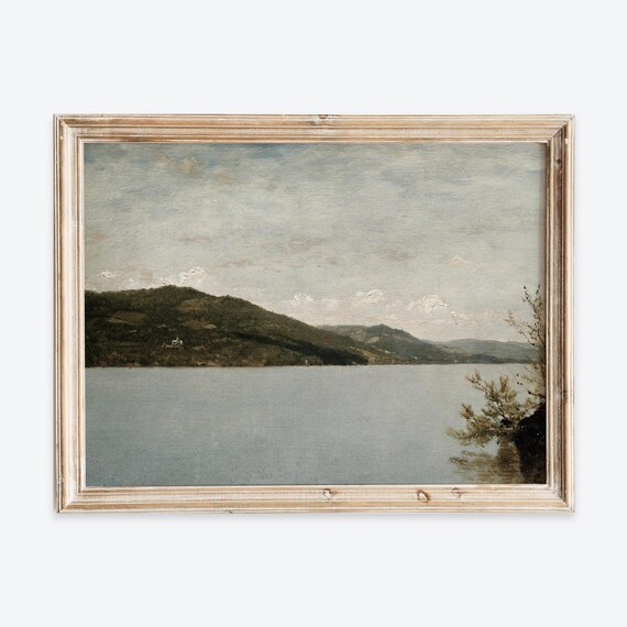 Vintage Autumn Mountain Lake Misty Landscape Oil Painting Poster