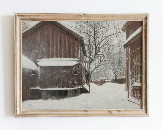 Red Wooden Barn in Falling Snow Quiet Winter Farmyard Scene Poster