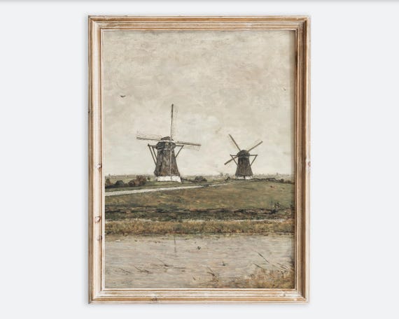 Vintage Dutch Windmill Landscape Wall Art Print Antique Rustic Countryside Painting Moody European Farmhouse Poster Neutral Field Vp301