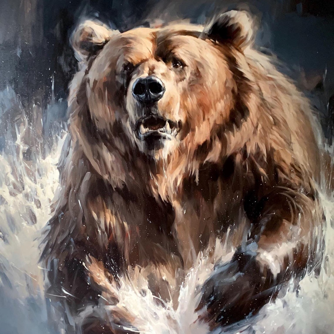 Grizzly Bear Emerging From Water Wildlife Oil Painting Poster