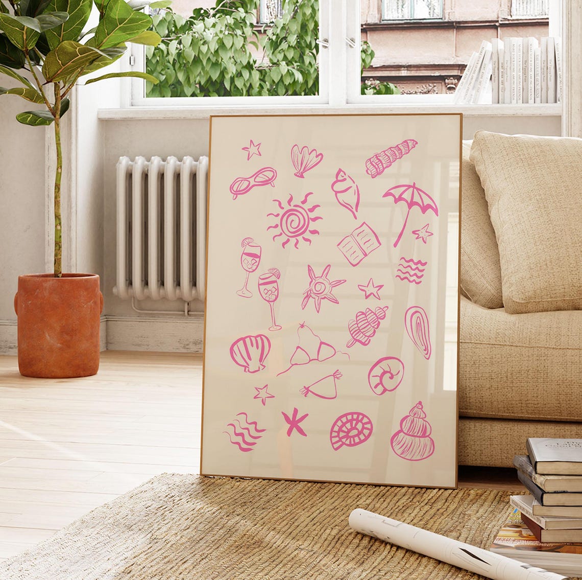 Blush Pink Coastal Icons Hand Drawn Summer Doodle Pattern Poster - Image 4
