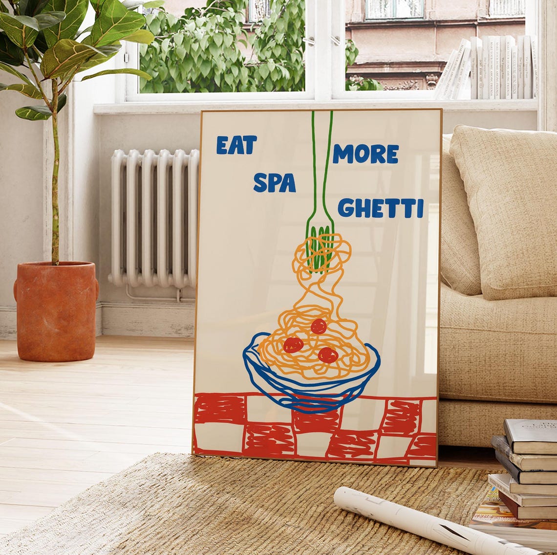 Eat More Spaghetti Fun Bold Blue Kitchen Pasta Bowl Retro Poster - Image 2