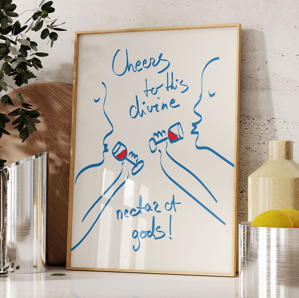 Cheers Divine Wine Blue Line Art Toast Profiles Quote Poster - Image 4