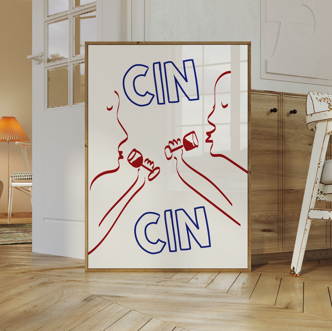Cin Cin Wine Toast Line Art Blue Red Minimalist Bar Cart Poster - Image 3