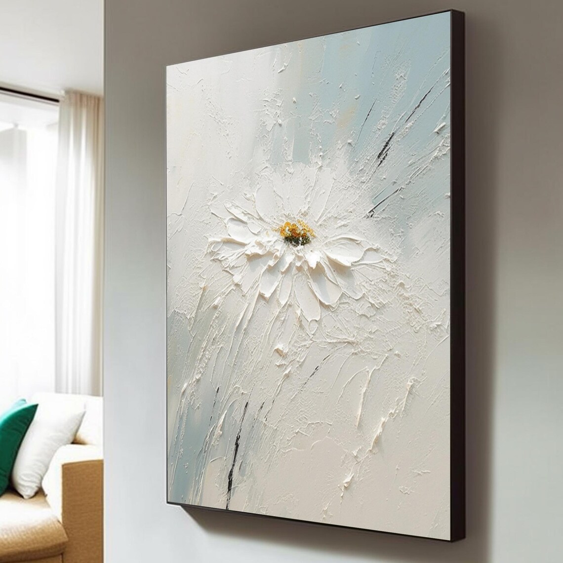 White Flower Yellow Center Loose Petals Airy Abstract Art Poster