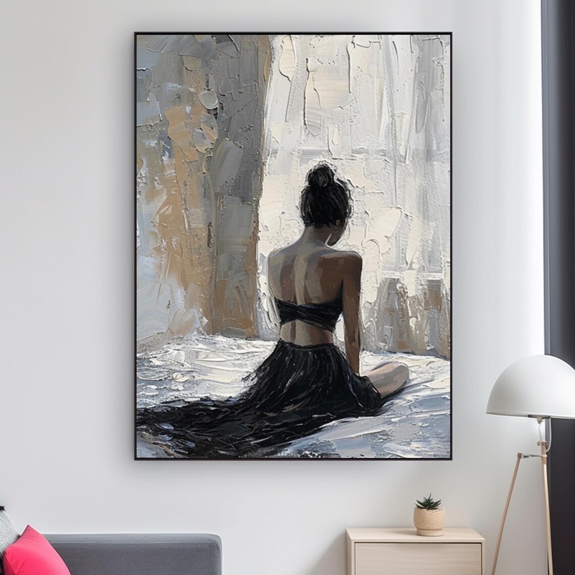 Seated Woman in Black Dress by the Window Gray Tones Art Poster