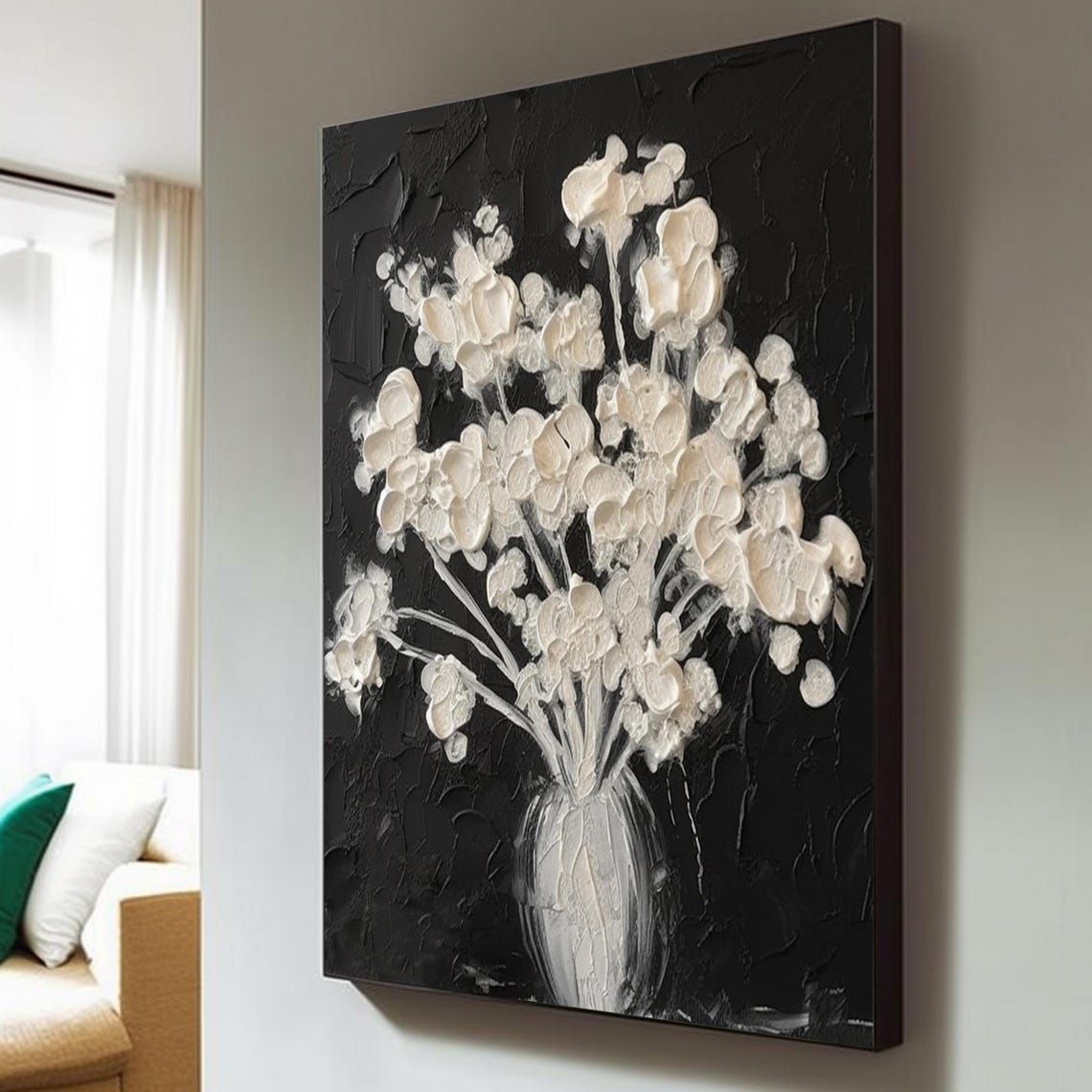 White Flowers Vase Black Background Dramatic Floral Still Art Poster