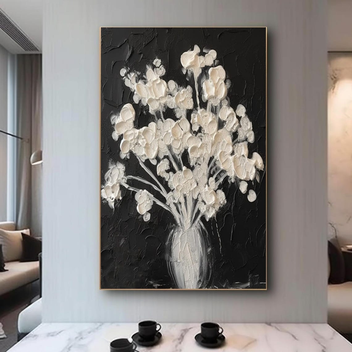 White Flowers Vase Black Background Dramatic Floral Still Art Poster - Image 3