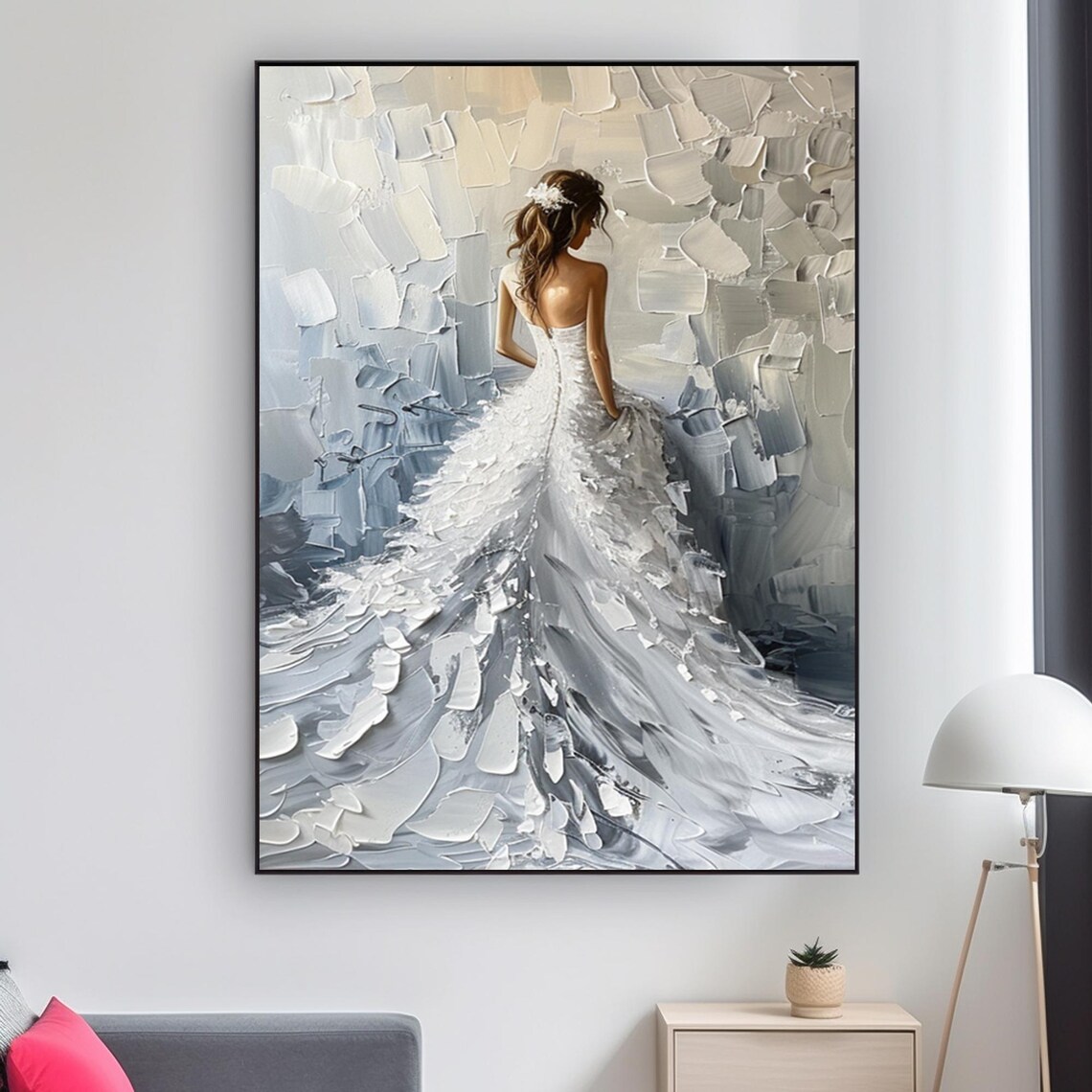 Woman in White Gown Long Dark Hair Blue Gray Backdrop Art Poster