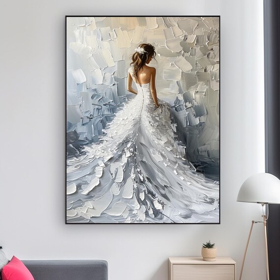 Woman in White Gown Long Dark Hair Blue Gray Backdrop Art Poster