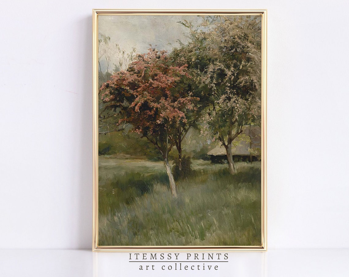 Landscape Tree Art Vintage Art Rustic Wall Decor Country Landscape Painting Vintage Print