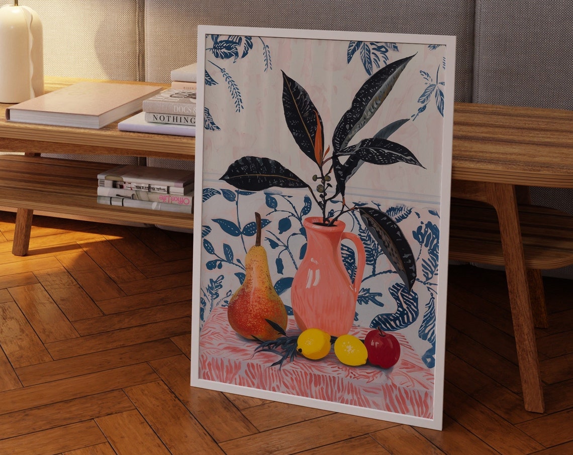 Vintage Floral Still Life Poster with Pink Pitcher Pears and Lemons