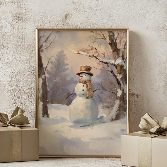 Snowman Winter Forest Painting Neutral Holiday Wall Art