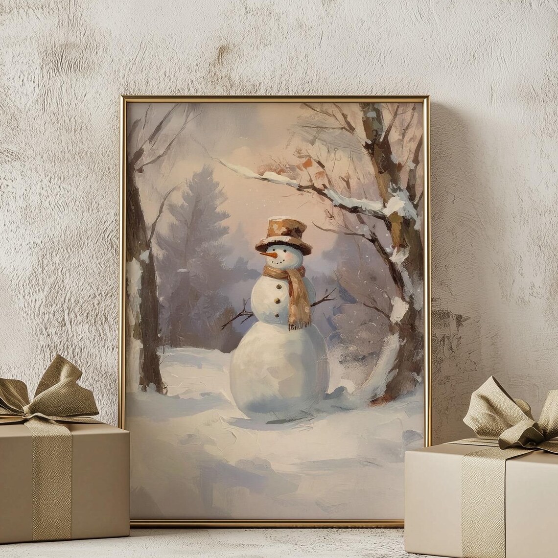 Vintage Snowman in Snowy Forest Neutral Winter Oil Painting Poster