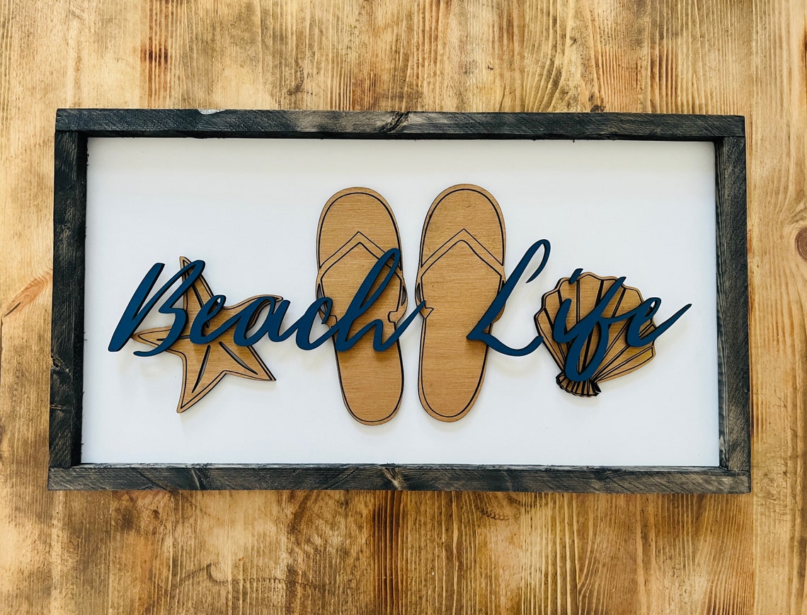 Beach Life Script Flip Flops Starfish Shell Sign Style Poster - Image 3
