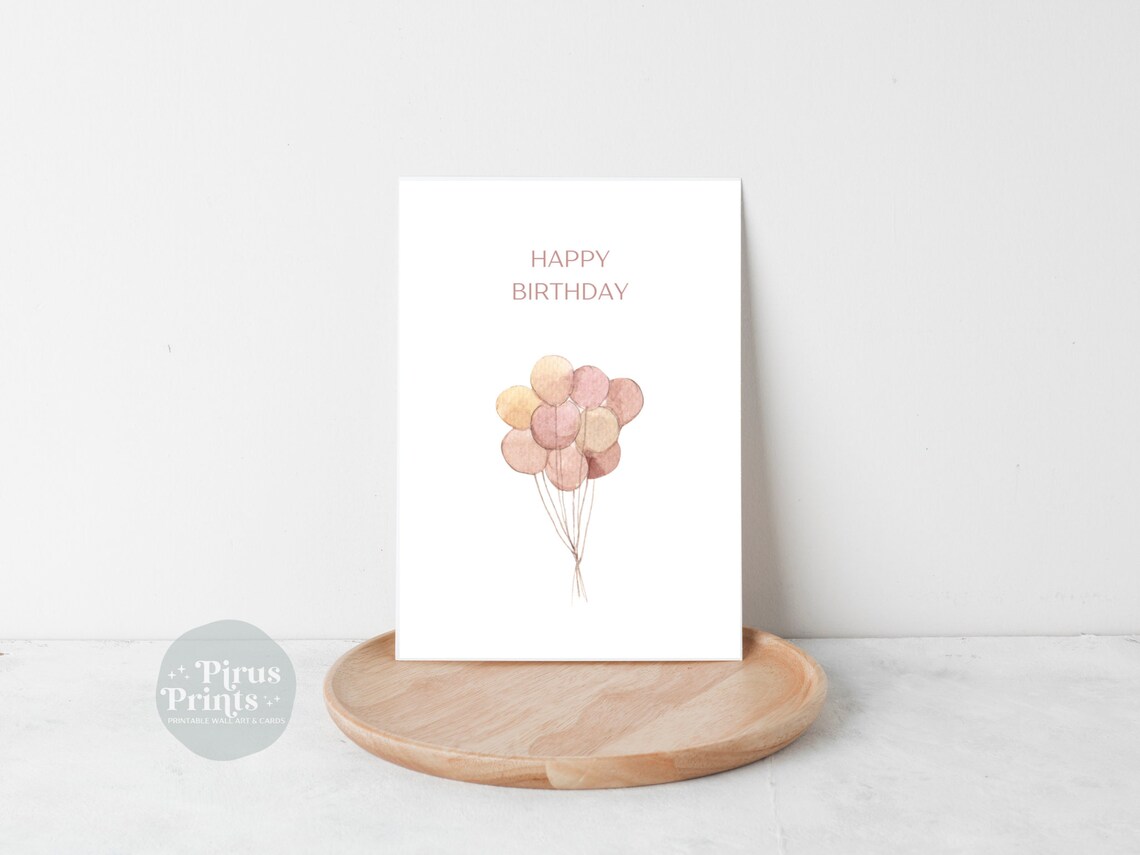 Balloon Birthday Card Minimal Watercolor Pink Balloons Greeting Card Instant - Image 4