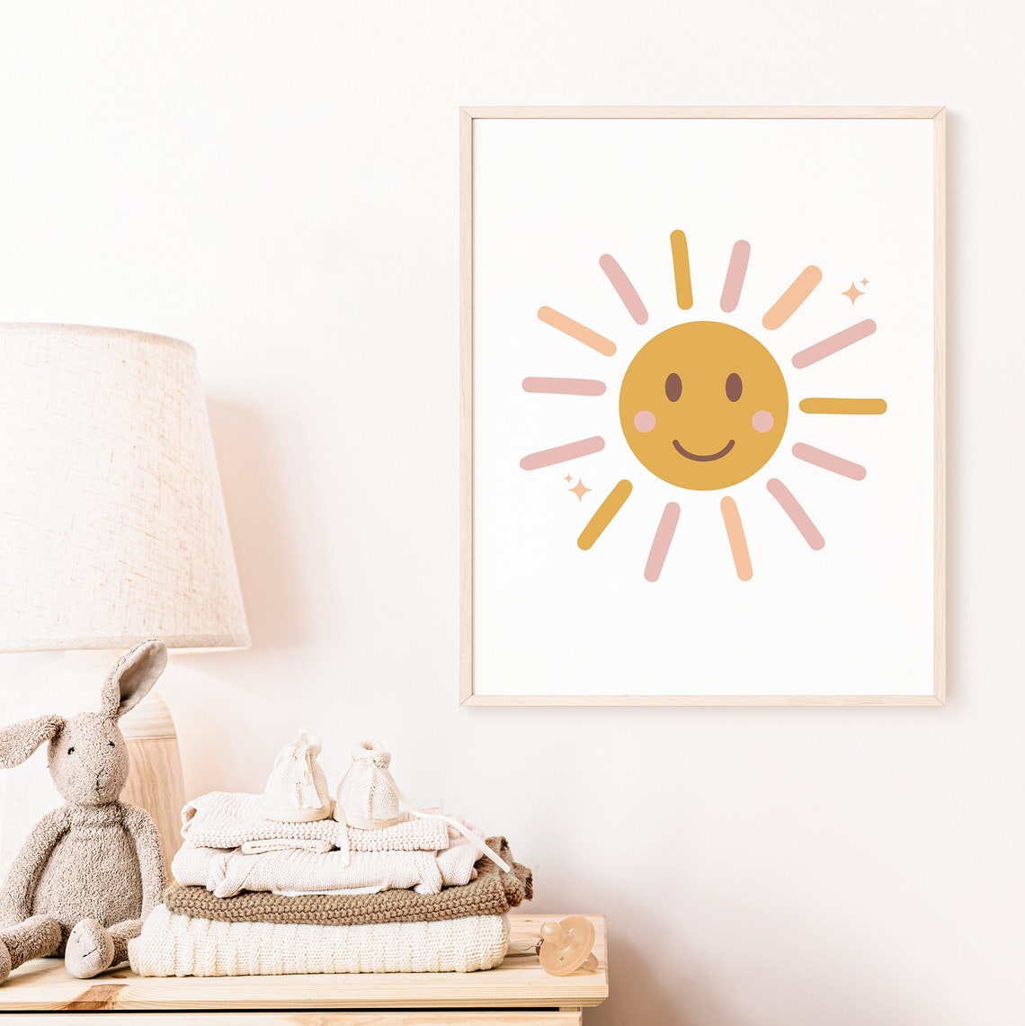 Smiley Sun Pink Gold Rays Nursery Wall Art Cute Playroom Kids Print - Image 4