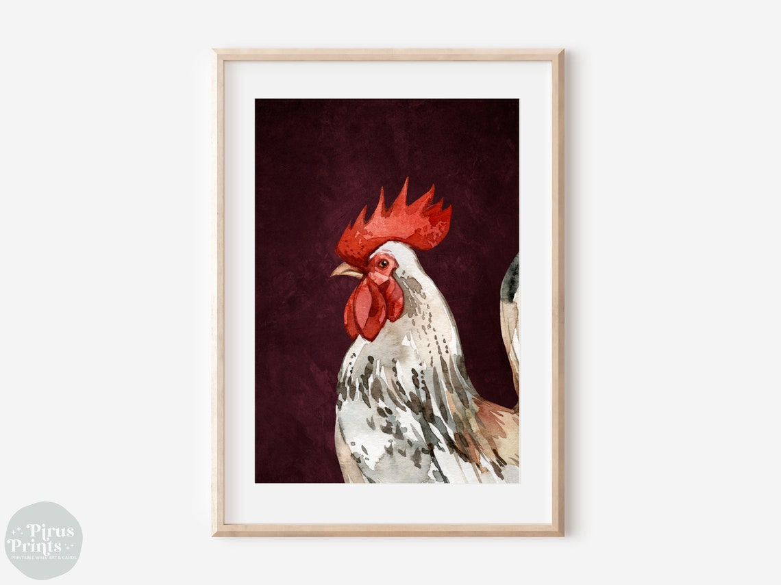 Rooster Watercolor Burgundy Rustic Farmhouse Animal Wall Art - Image 2