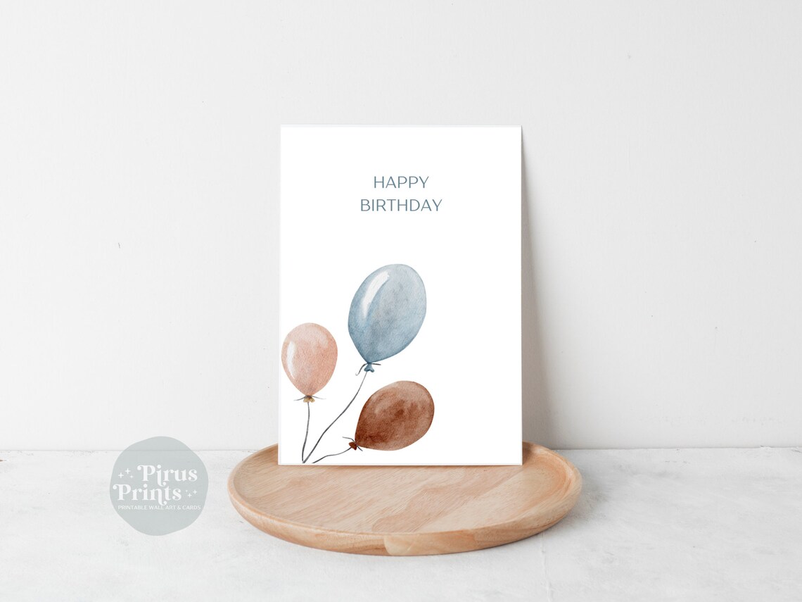 Birthday Card Minimal Watercolor Ballon In Blue And Brown Instant - Image 3