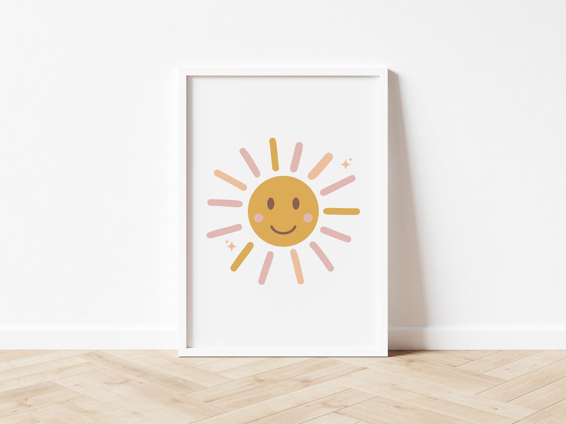 Smiley Sun Pink Gold Rays Nursery Wall Art Cute Playroom Kids Print - Image 2
