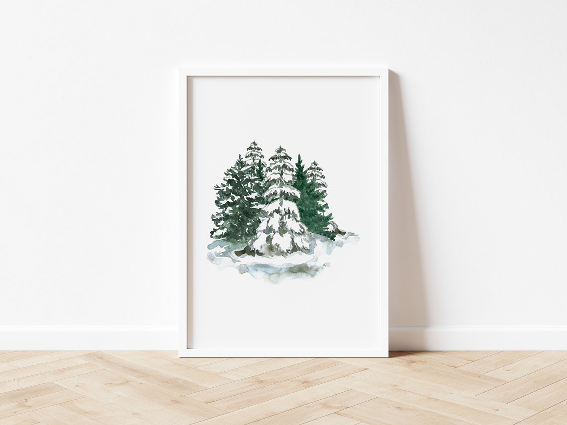 Watercolor Snow Covered Evergreen Trees Winter Minimal Wall Art Print - Image 3