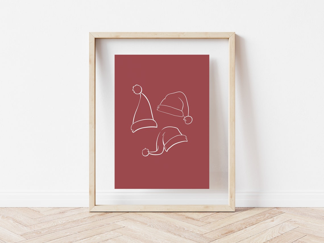 Santa Hats Line Art Print White On Red Minimal Modern Christmas Poster - Image 4