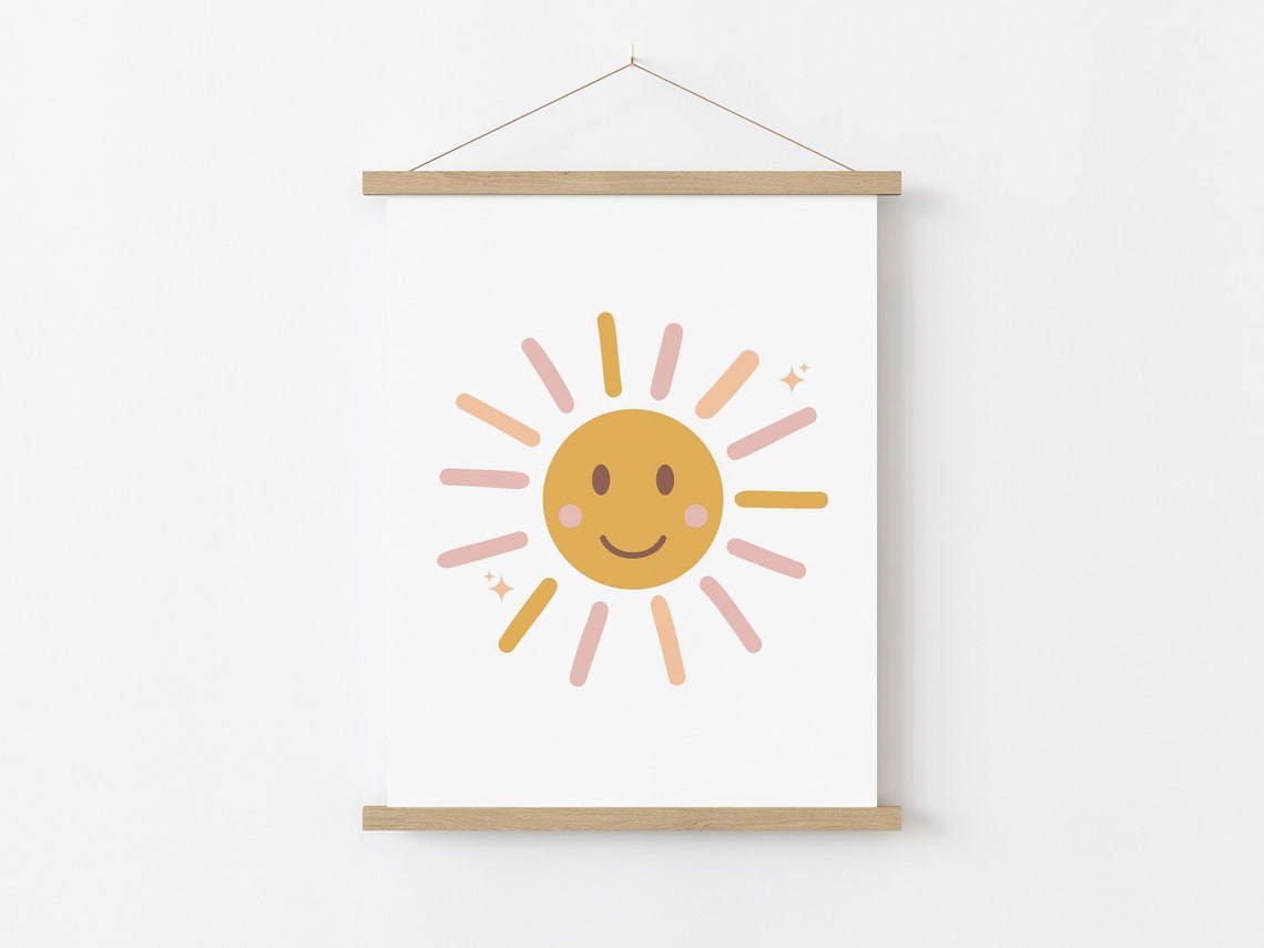 Smiley Sun Pink Gold Rays Nursery Wall Art Cute Playroom Kids Print - Image 5