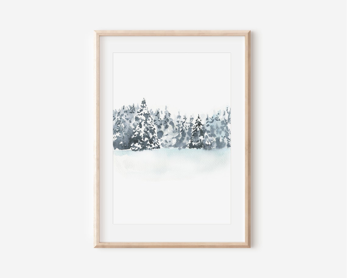 Minimal Watercolor Snowy Pine Forest Winter Landscape Wall Art Print - Image 5