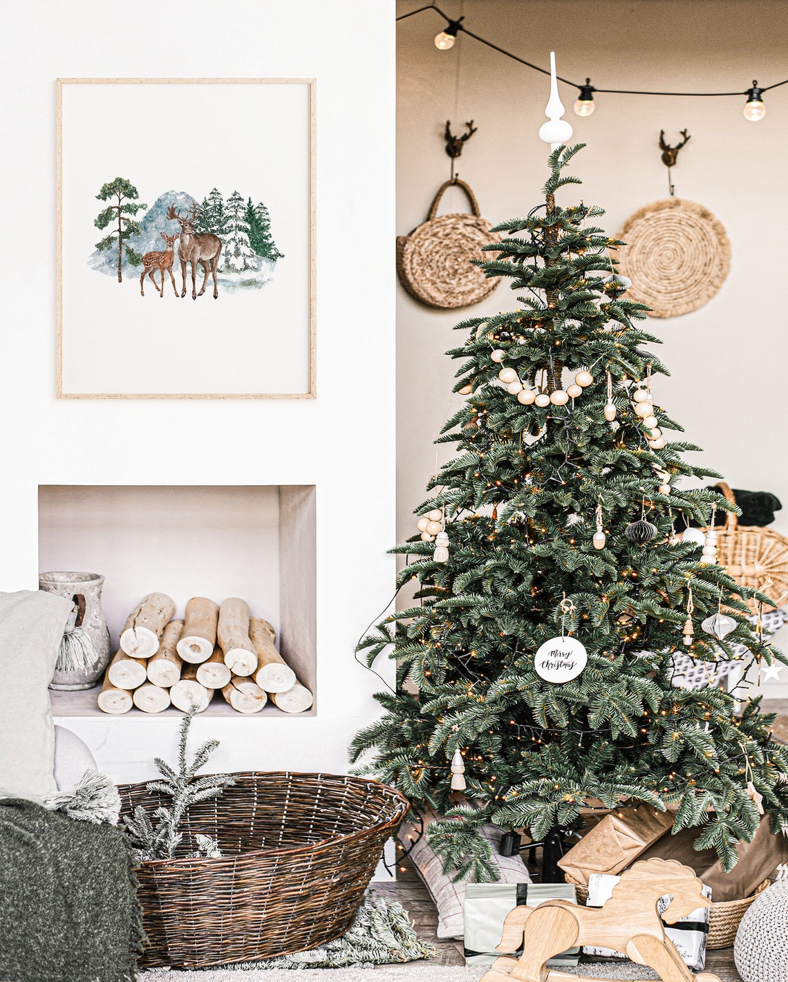 Watercolor Deer Buck Fawn Snowy Pines Winter Christmas Animal Print - Image 4