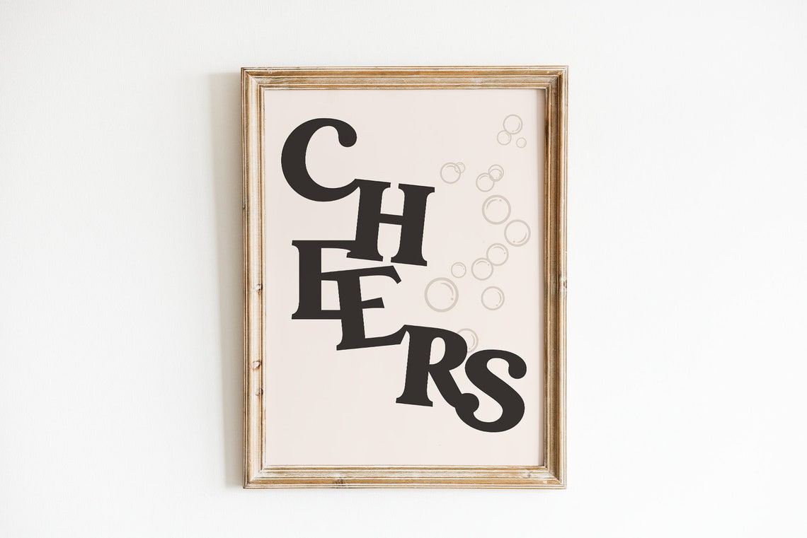 Cheers Retro Typography Print Black Cream Bar Cart Champagne Wall Art - Image 5