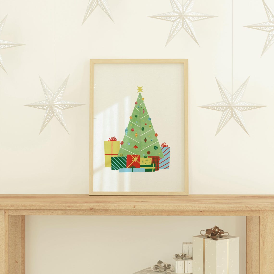 Modern Christmas Tree Flat Illustration Gifts Starry Decor Poster