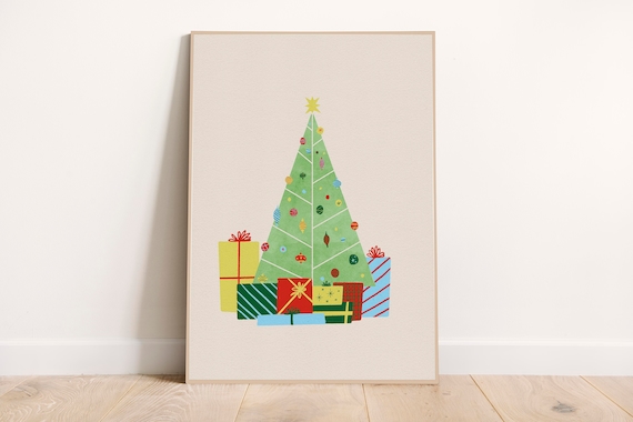 Modern Flat Christmas Tree with Gifts and Star Holiday Poster