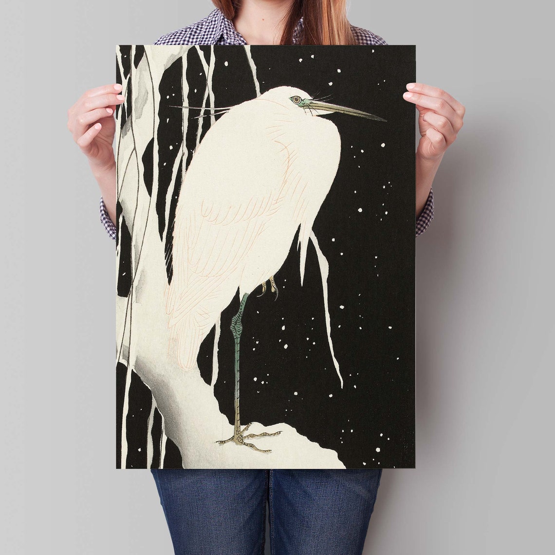 Ohara Koson White Heron Standing In Snow Black Background Poster - Image 4